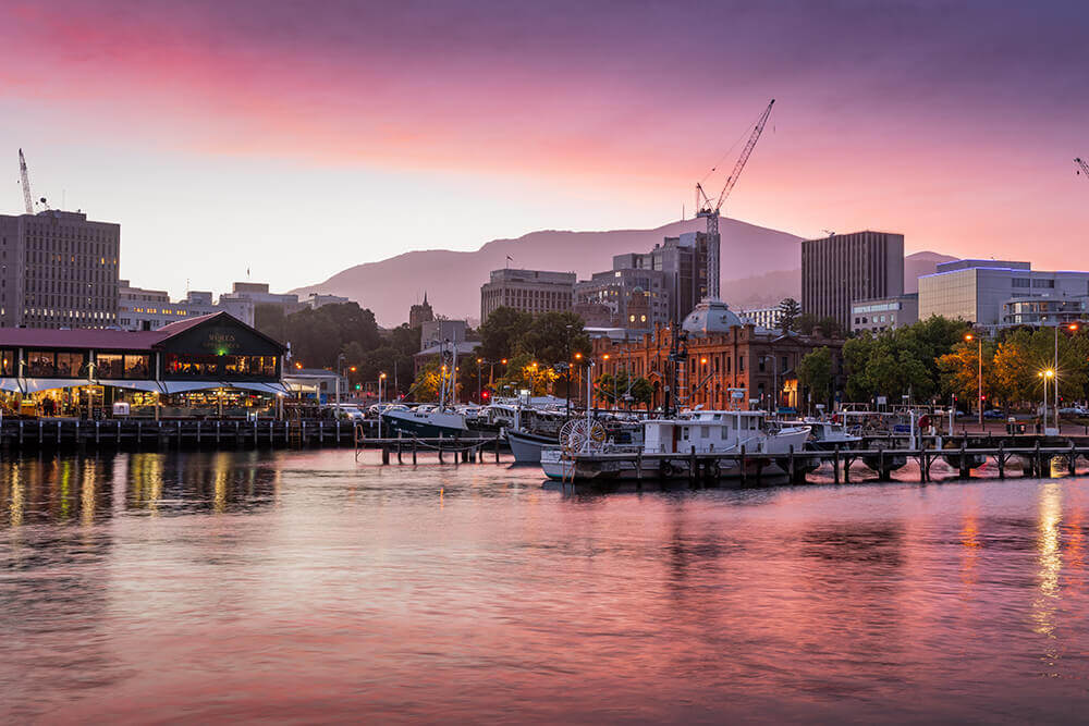 Sunset view of Hobart with Mount Wellington in the background